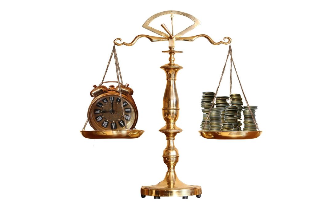 Scale Weighing Clock and Money: Do You Prefer Having More Money or More Time