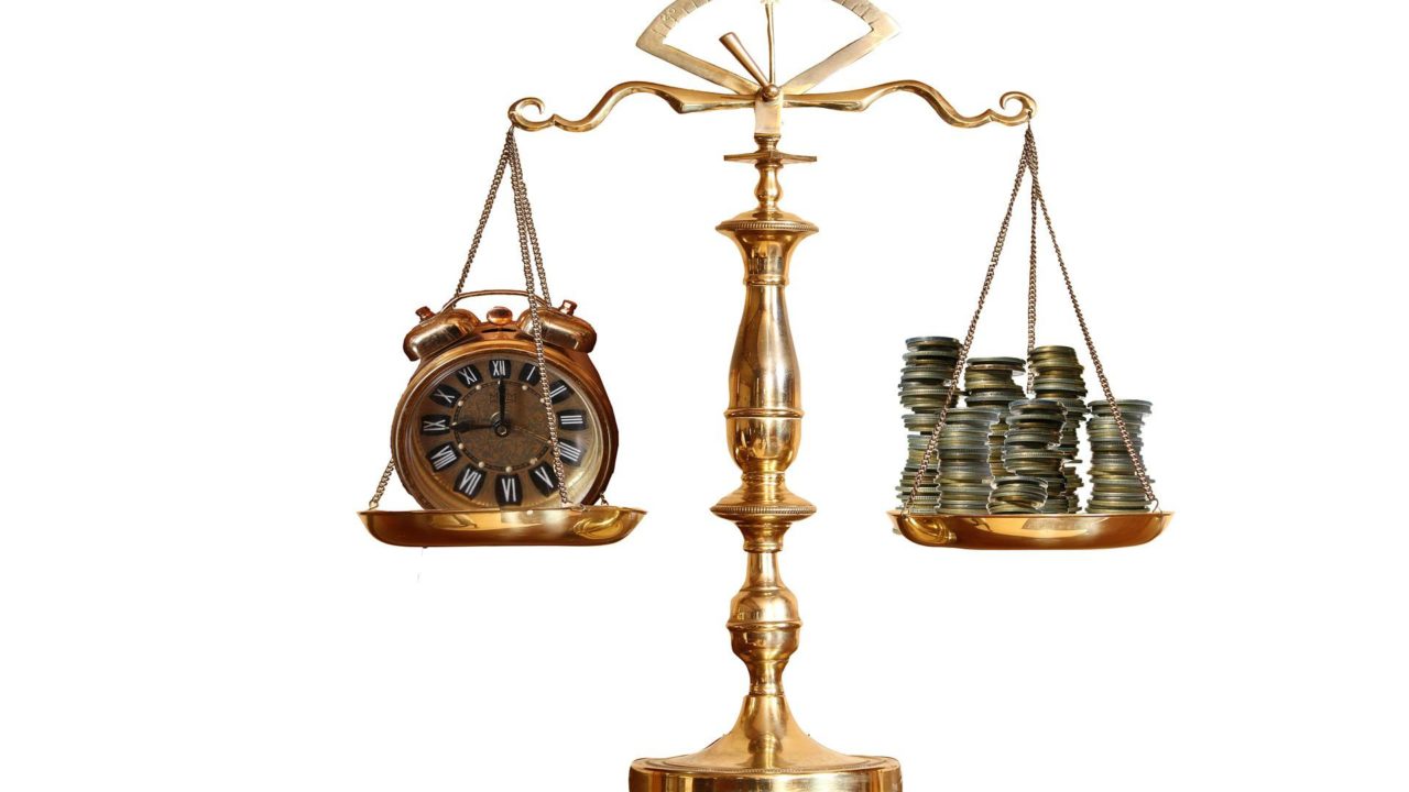 Scale Weighing Clock and Money: Do You Prefer Having More Money or More Time