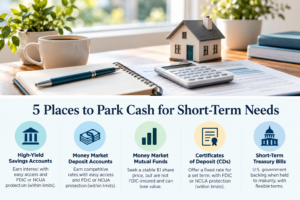 Notebook, calculator, and small model house representing savings for short-term financial goals.