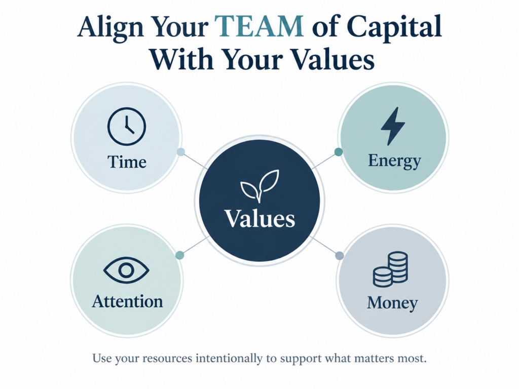 Diagram showing the TEAM of Capital framework with Time, Energy, Attention, and Money connected to Values in the center.