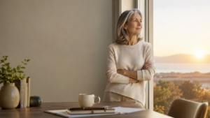 A woman looks out a window toward a bright landscape, reflecting on retirement, life planning, and what comes next.