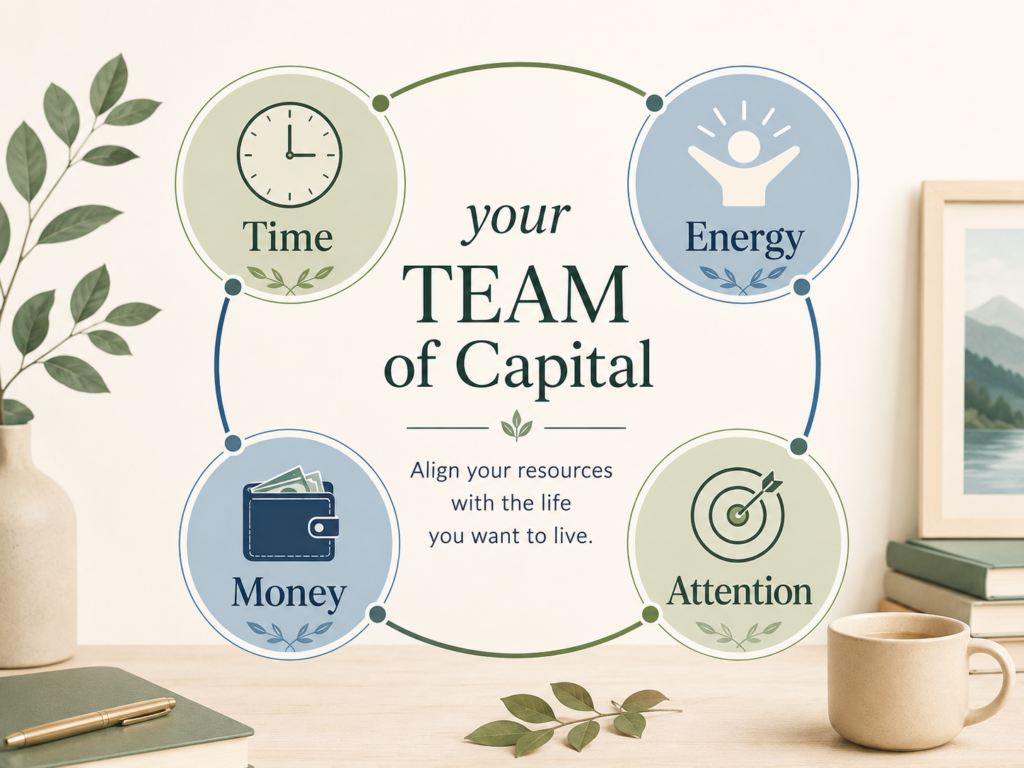 Graphic showing your TEAM of Capital: Time, Energy, Attention, and Money.