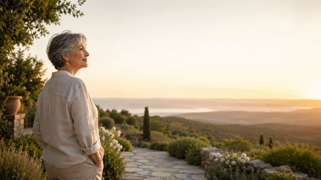 A woman looks out over a sunlit path and open landscape, reflecting on what money can make possible in life.