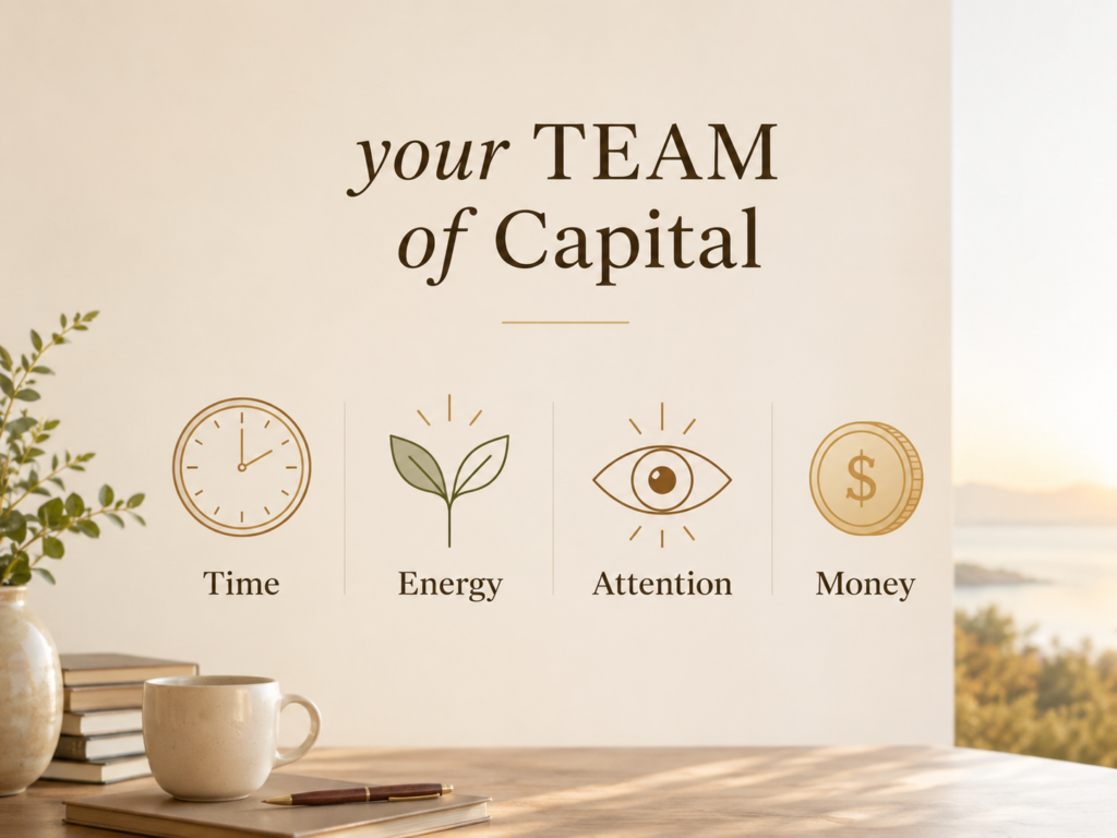 Graphic showing your TEAM of Capital: Time, Energy, Attention, and Money.