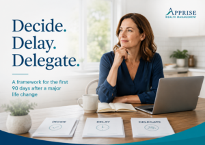 Woman reviewing financial decisions at a table with the words Decide, Delay, Delegate.