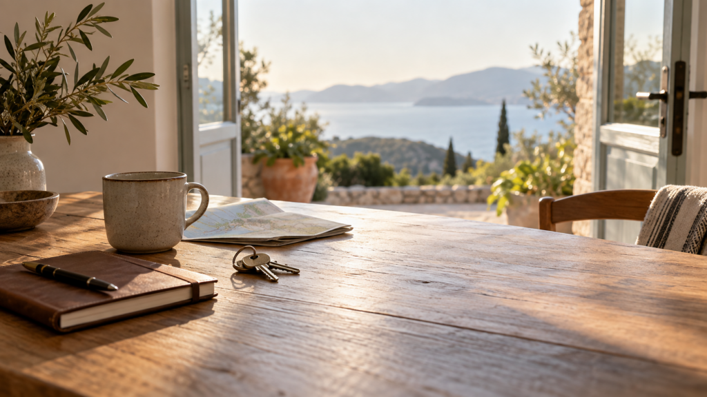 A sunlit table with a journal, map, coffee cup, and keys beside open doors overlooking the water, representing choice and financial freedom.