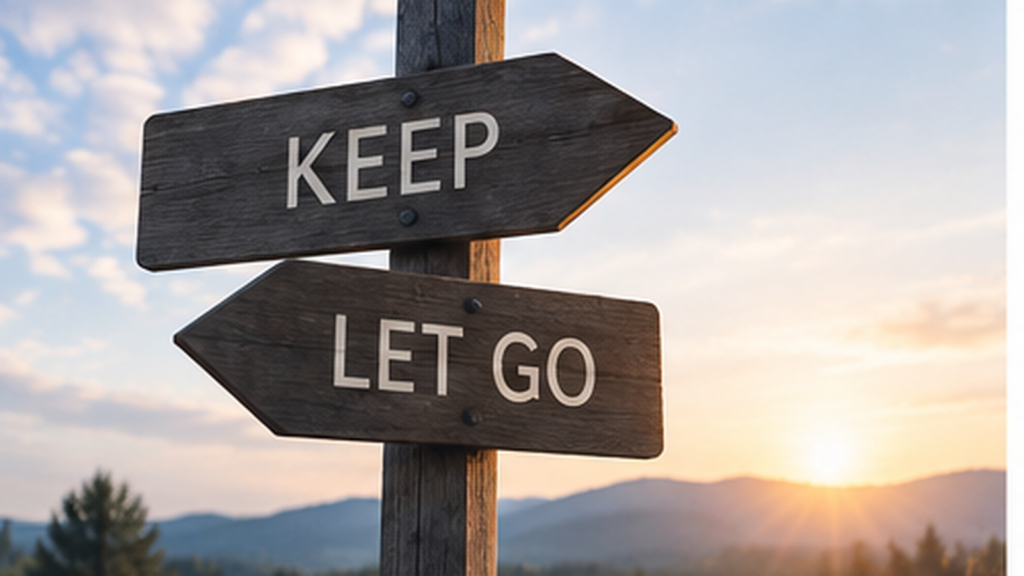 Wooden directional signs reading “KEEP” and “LET GO” against a sunset, representing the choice to continue owning something or reconsider it.