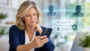 Woman reviewing a smartphone while learning how to recognize AI scams and reduce digital fraud risk.