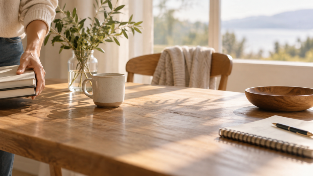 A sunlit table with books being removed, creating open space to represent simplifying life and making room for what matters.