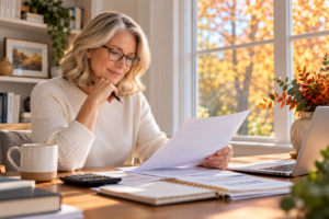 Woman reviewing financial documents at her desk as she considers year-end tax planning and retirement decisions.